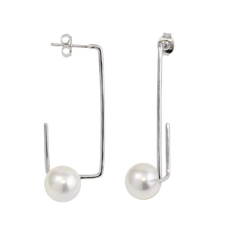 Premium Silver Earrings-Rhodium Plated 925 Sterling Silver Rectangular Dangling Earrings with Synthetic Pearl - STE01132