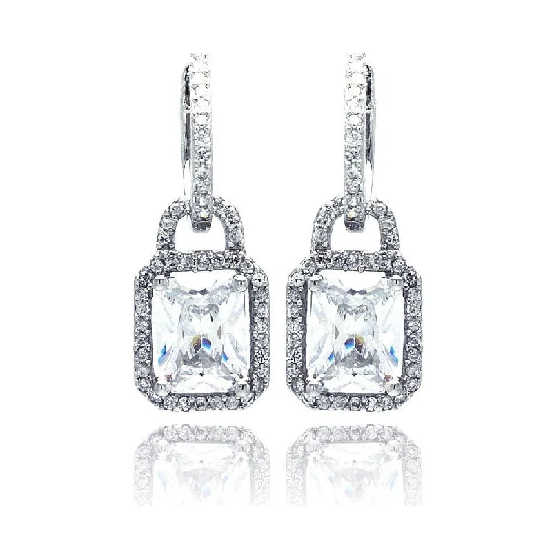 Elegant Dangle Earrings-Silver 925 Rhodium Plated Micro Pave Clear Square CZ Dangling huggie hoop Earrings - ACE00031