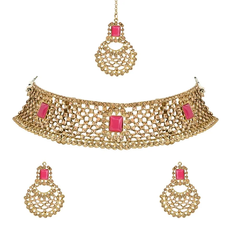 Colorful Necklace Pendants-Etnico Gold Plated Traditional Design Stone Work Choker Necklace Jewellery Set With Chandbali Earring & Maang Tikka For Women/Girls (M4172FLQ)