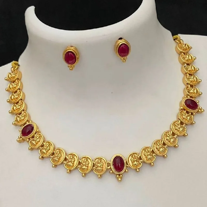 Unique Diamond Necklaces-Joyful Jewel Art Matte Gold Plated Pota Stone Temple Necklace Set