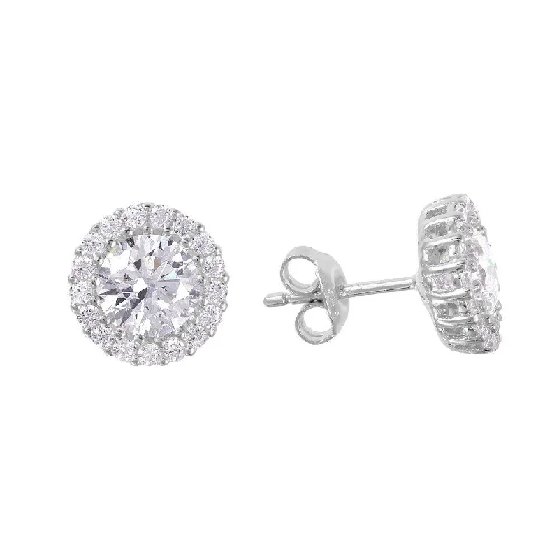 Simple Hoop Earrings-Silver 925 Rhodium Plated Round CZ Halo Stud Earrings - GME00014