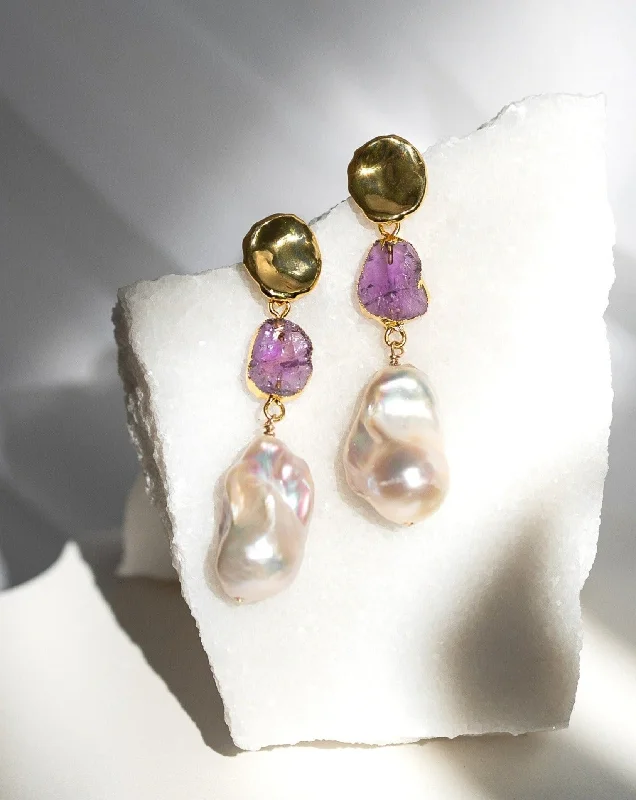 Stylish Stud Earrings-Feb | Amethyst Birthstones x Pearls Earrings