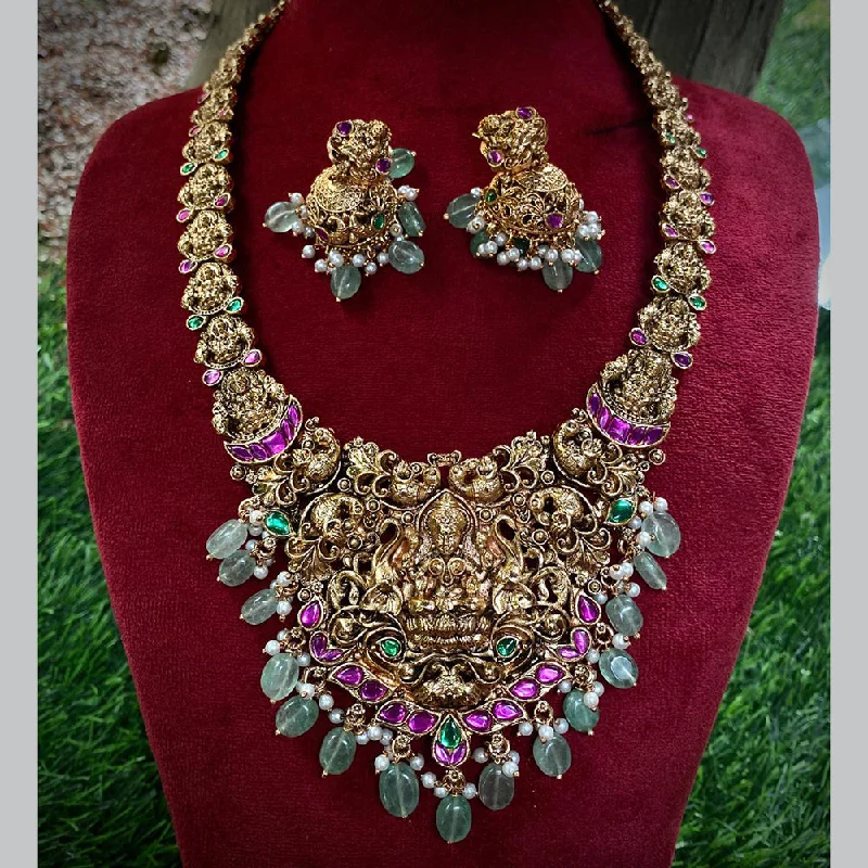 Designer Silver Pendant Necklaces-Royal Kundan Jewellery Gold Plated Pota Stone And Temple Long Necklace Set