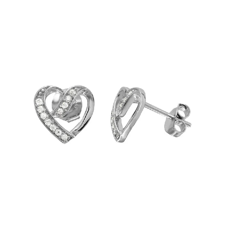 Stylish Stud Earrings-Rhodium Plated 925 Sterling Silver CZ Open Overlap Heart Stud Earrings - BGE00503