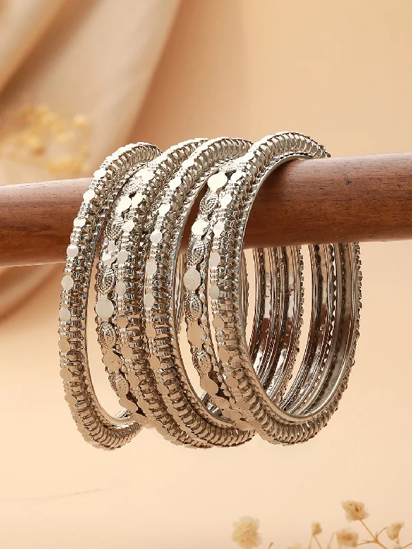 Luxury Diamond Bangles-Set Of 6 Oxidised Silver-Plated Textured Bangles Set