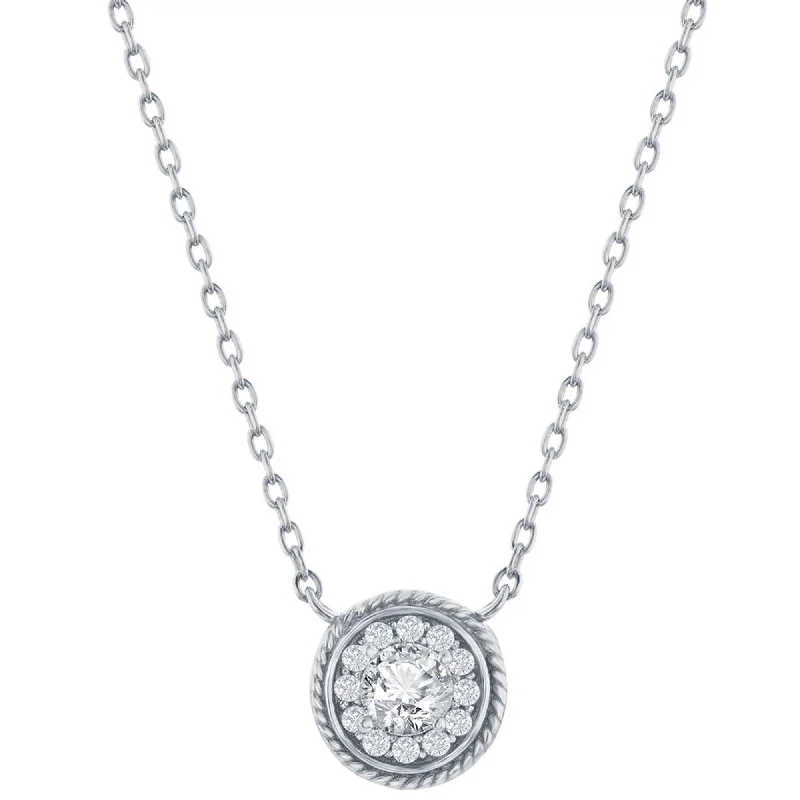 Romantic Gold Necklaces-Classic Women's Necklace - Sterling Silver Round White CZ Rope Design Border | M-7086