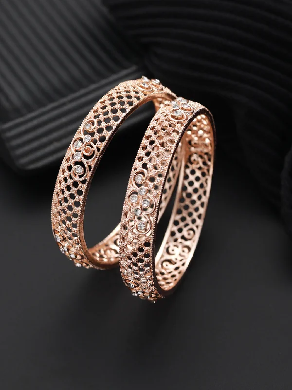 Handcrafted Silver Bangles-Set Of 2 Rose Gold-Plated Cubic Zirconia Studded Bangle