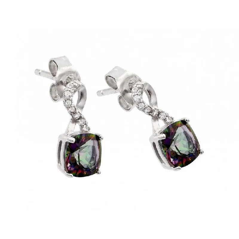 Simple Diamond Earrings-Silver 925 Rhodium Plated Synthetic Mystic Topaz Dangling Stud Earrings - STE00945