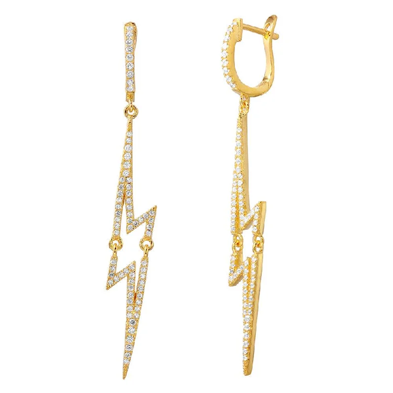 Unique Crystal Earrings-Silver 925 Gold Plated Dangling Lightning CZ huggie hoop Earrings - ACE00102GP