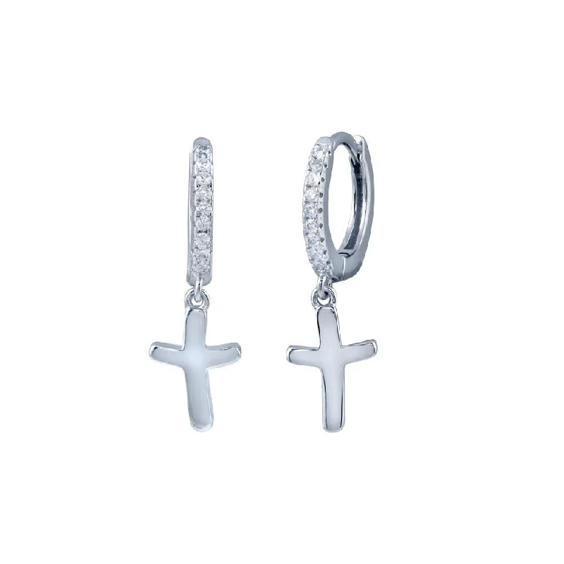 Stylish Hoop Earrings-Rhodium Plated 925 Sterling Silver huggie hoop Cross CZ Earring - STE01301