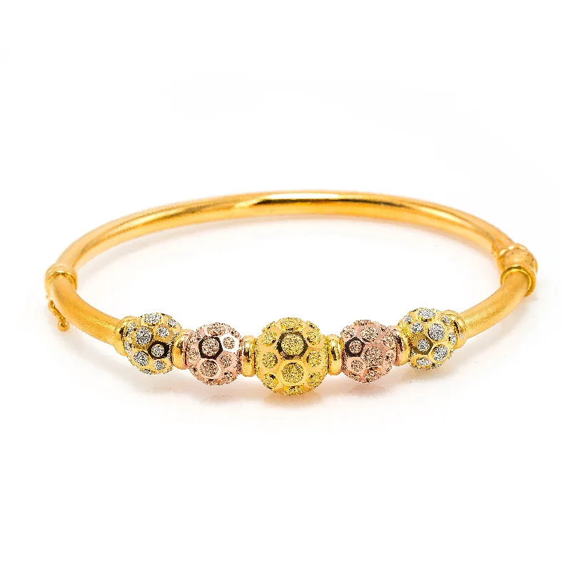 Gold Bangle Bracelets-22K Multi Tone Gold Bangle W/ Rose, Yellow & White Gold Circular Glass Blast Details on 5 Accent Balls