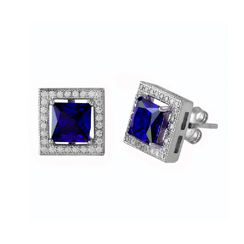 Cute Stud Earrings-Rhodium Plated 925 Sterling Silver Blue Halo Square CZ Stud Earrings - BGE00632BLU