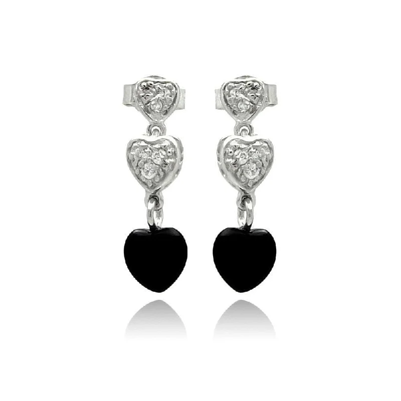 Unique Drop Earrings-Silver 925 Rhodium Plated Graduated Heart Round Clear CZ Black Onyx Dangling Stud Earrings - STE00771