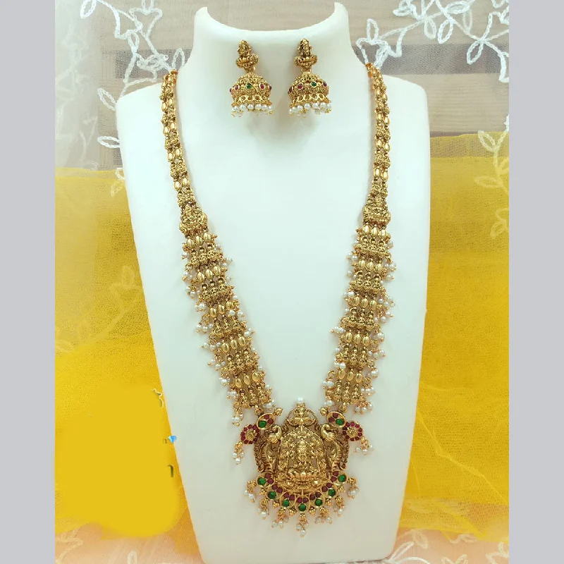 Beautiful Sapphire Necklaces-FS Collection Gold Plated Pota Stone And Pearl Temple Long Necklace Set