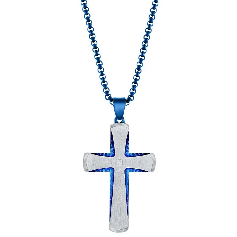 Sparkling Heart Pendant Necklaces-Men's Necklace - Stainless Steel Blue and Silver Single CZ Cross | SL-7120