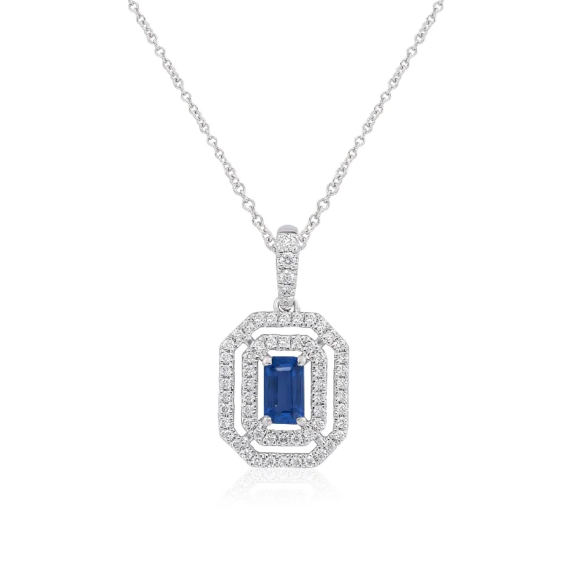 Long Gemstone Necklaces-BLUE SAPPHIRE AND DIAMOND HALO NECKLACE