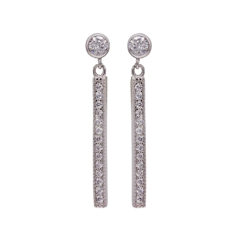 Eye-Catching Earrings-Silver 925 Rhodium Plated Round Clear CZ Rectangular Dangling Stud Earrings - STE00956