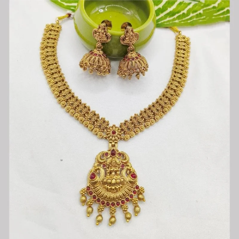 Simple Gold Necklaces-Joyful Jewel Art Matte Gold Plated Pota Stone Temple Necklace Set