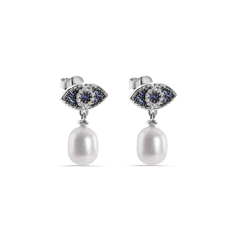 Trendy Pearl Earrings-Rhodium Plated 925 Sterling Silver Evil Eye Dangling Syntethic Pearl Clear and Blue CZ Stud Earrings - BGE00734