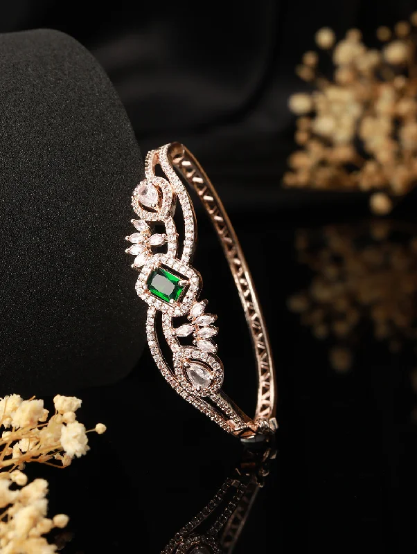 Luxury Gold Bangles-Rose Gold Plated & Green American Diamond Studded Bangle Link Bracelet