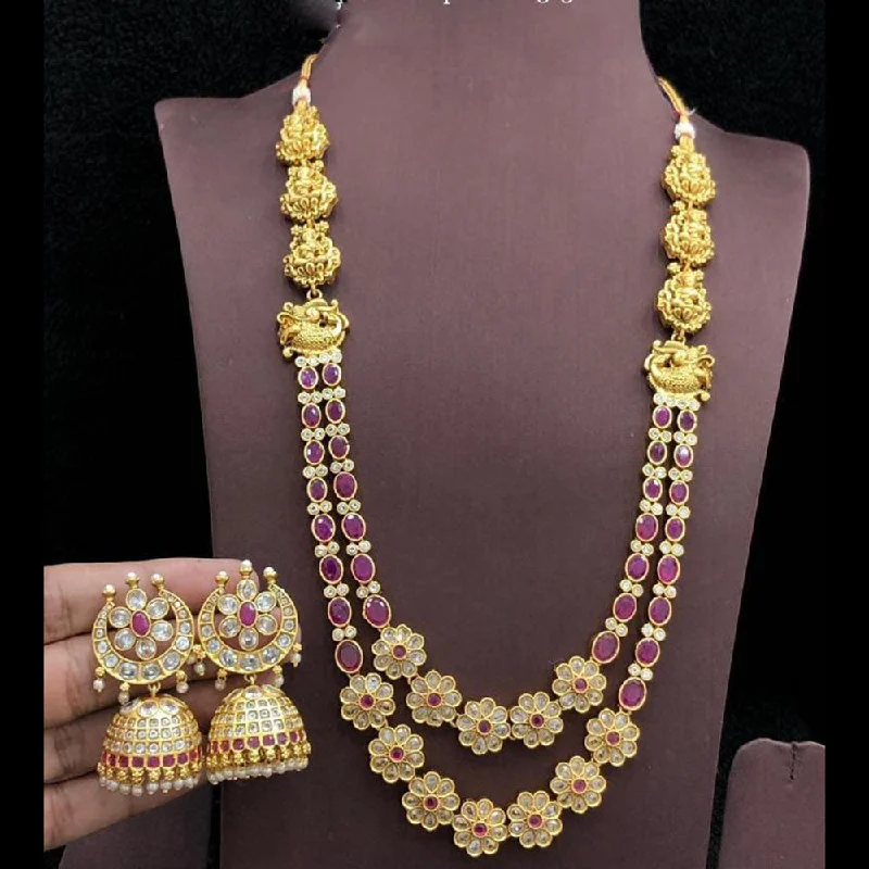 Custom Long Necklaces-Manisha Jewellery Gold Plated Crystal And Pota Stone Temple Long Necklace Set