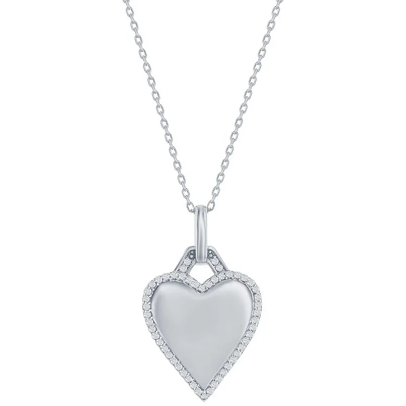 Silver Chain Necklaces-Classic Women's Necklace - Sterling Silver Polished Heart White CZ Border | M-7043