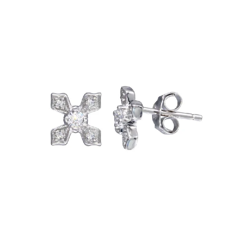 Luxury Gemstone Earrings-Silver 925 Rhodium Plated CZ Cross Stud Earrings - STE00043