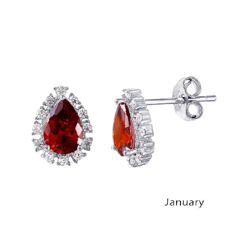 Big Statement Earrings-Rhodium Plated 925 Sterling Silver Teardrop Halo CZ Birthstone Earrings January - STE01027-JAN