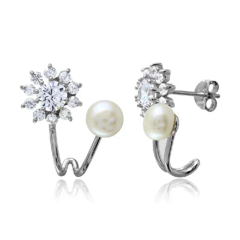 Unique Wedding Stud Earrings-Rhodium Plated 925 Sterling Silver Flower CZ Fresh Water Pearl Earrings - BGE00508