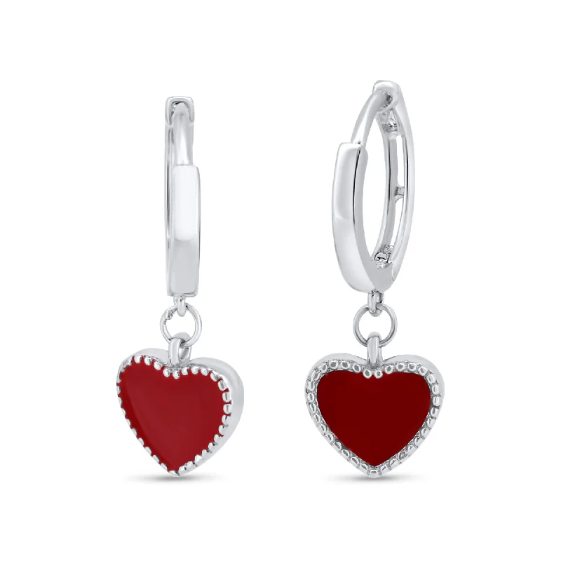 Classic Gemstone Earrings-Rhodium Plated 925 Sterling Silver Red Enamel Heart 10mm Hoop Earrings - GME00143