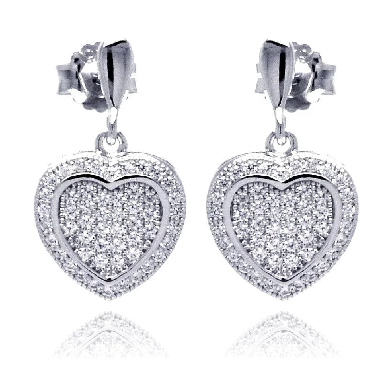 Cute Drop Earrings-Silver 925 Rhodium Plated Micro Pave Heart Clear CZ Dangling Stud Earrings - ACE00042