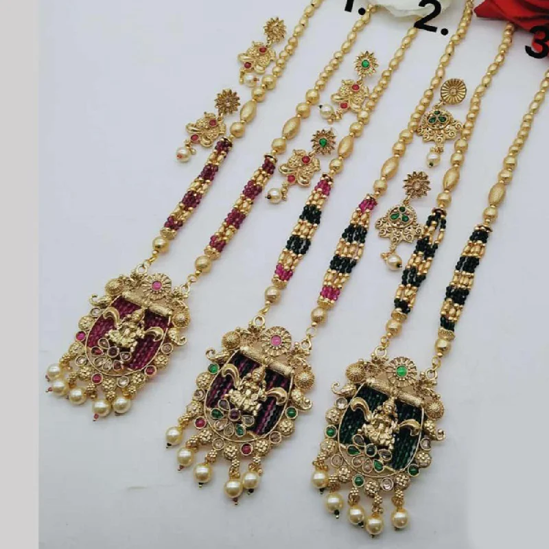 Unique Silver Necklaces-FS Collection Gold Plated Temple Long Necklace Set (1 Piece Only Assorted Design)