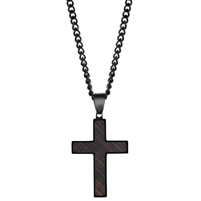 Designer Silver Pendant Necklaces-Men's Necklace - Stainless Steel Black and Lined Rose Gold Cross | SL-7118