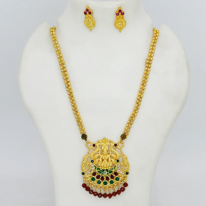 Colorful Crystal Necklaces-Mahavir Gold Plated Pota Stone And Pearls Temple Necklace Set