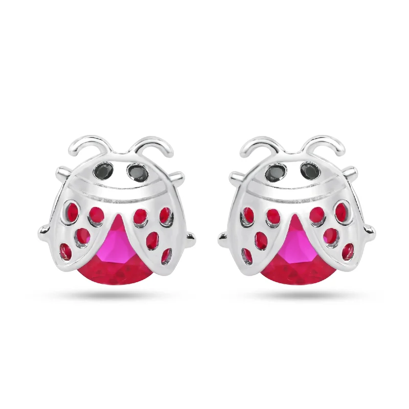 Contemporary Earrings-Sterling Silver Rhodium Plated Lady Bug Red CZ Stud Earrings - STE01376