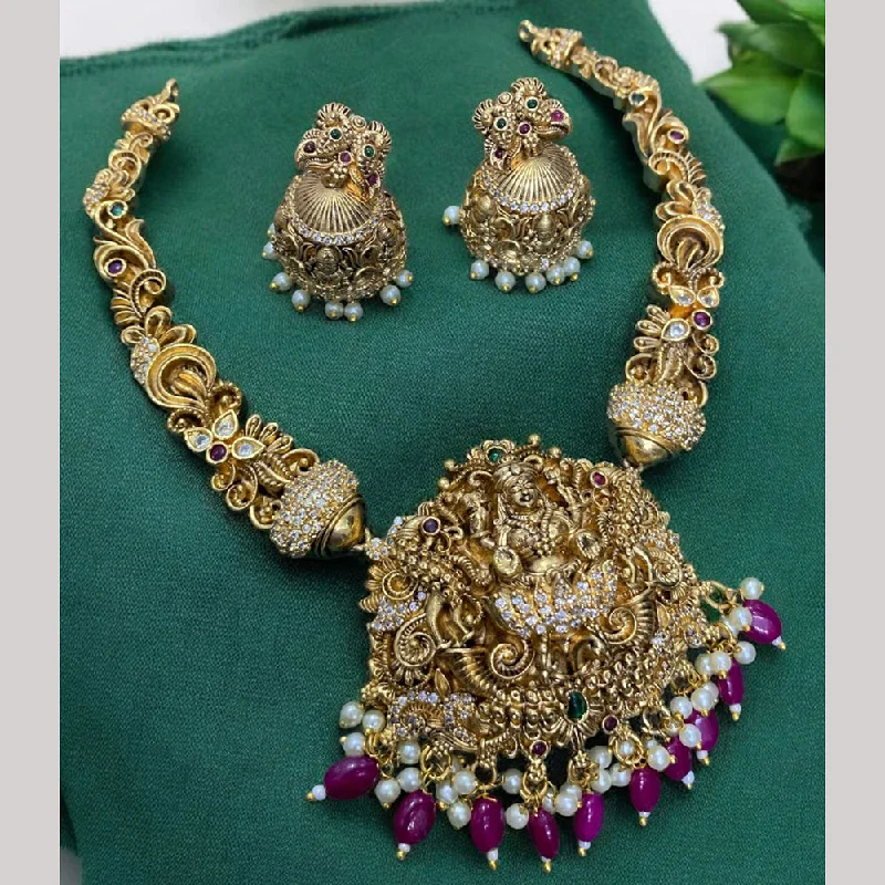 Handmade Necklaces for Women-Sona Creation Gold Plated Pota Stone Temple Necklace Set