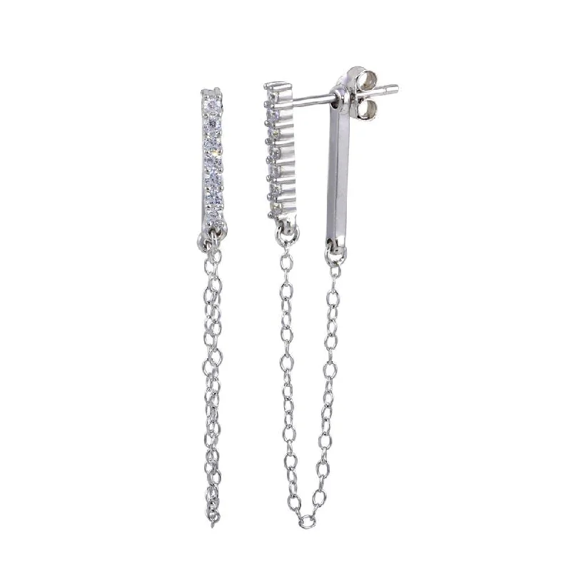 Unique Crystal Earrings-Rhodium Plated 925 Sterling Silver CZ Bar Dangling Chain  Earrings - STE01172RH