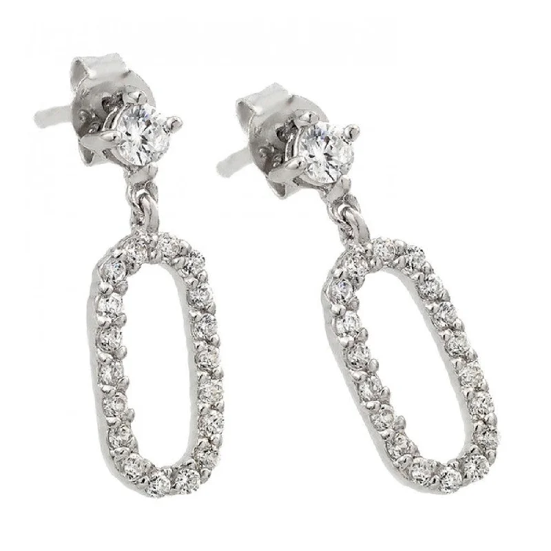 Long Dangle Earrings-Silver 925 Rhodium Plated Round Oval Clear CZ Dangling Stud Earrings - STE00959