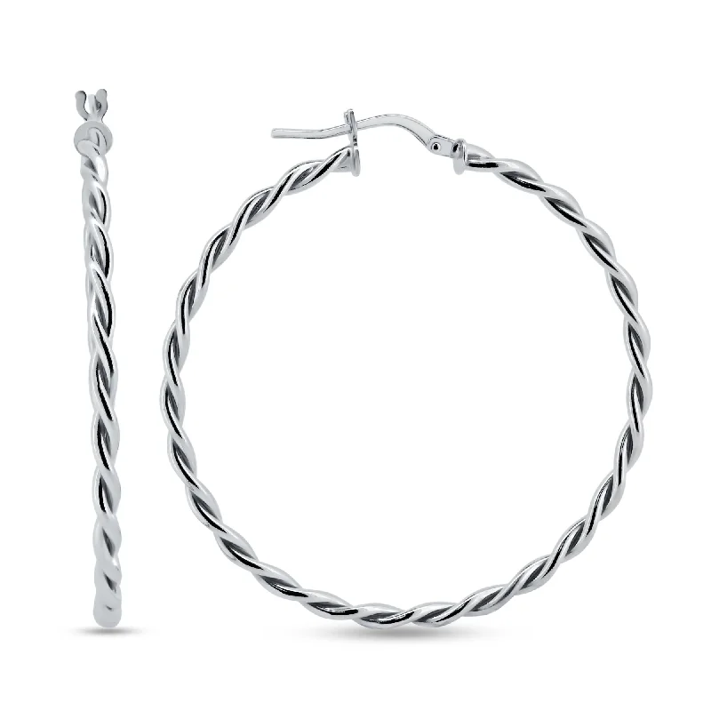 Delicate Drop Earrings-Rhodium Plated 925 Sterling Silver Silver Twisted Hoop Earrings - ARE00040RH