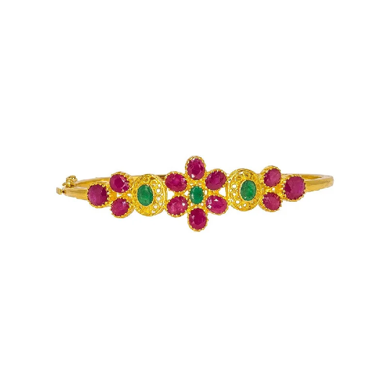 Stunning Wedding Bangle Bracelets Sets-22K Yellow Gold Bangle W/ Rubies, Emeralds & Flower Design