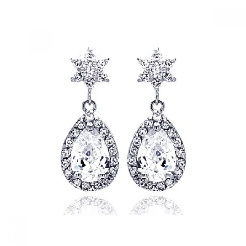 Elegant Gemstone Earrings-Silver 925 Rhodium Plated Star Teardrop Center Clear CZ Inlay Outline Dangling Stud Earrings - BGE00186