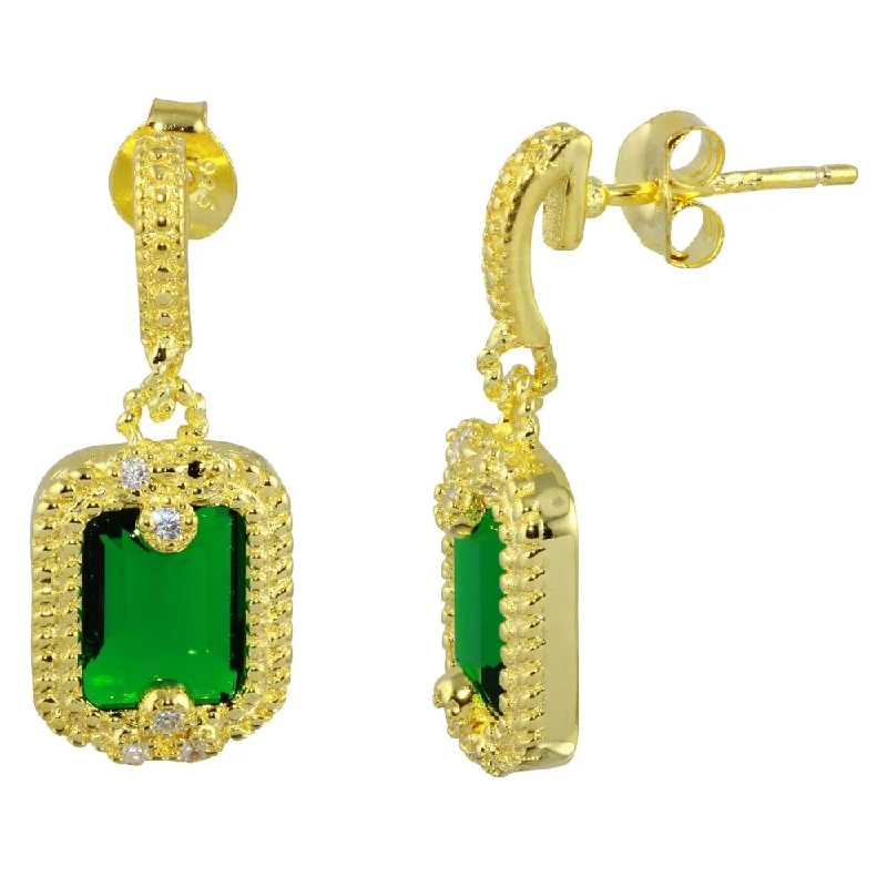 Simple Diamond Earrings-Gold Plated 925 Sterling Silver Green Rectangle Dangling Earrings - BGE00561GRN