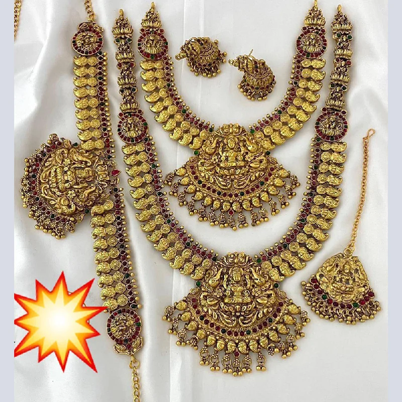 Sparkling Diamond Pendant Necklaces-Sai Fashion Gold Plated  Pota Stone Temple  Necklace Combo Set