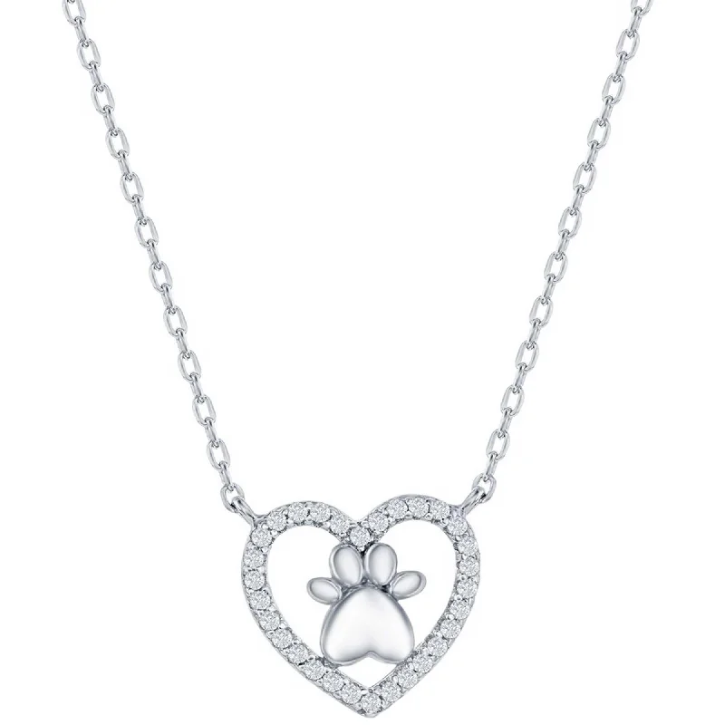 Stunning Gemstone Necklaces-Classic Women's Necklace - Sterling Silver Heart Paw Print Design White CZ | M-7053