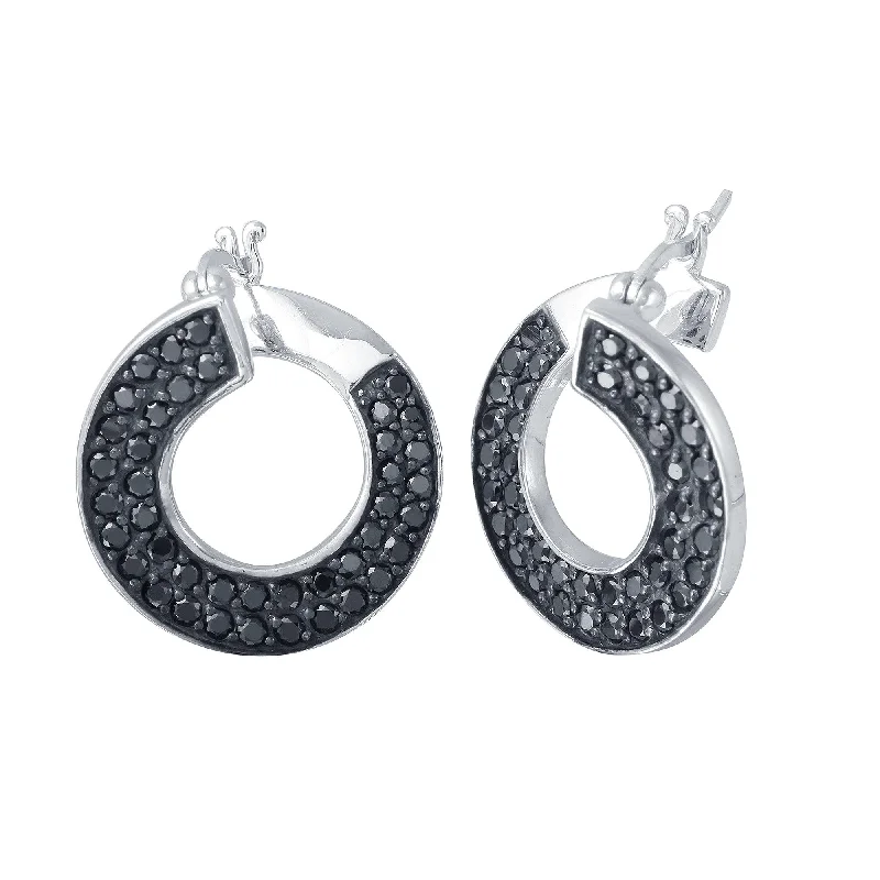 Long Statement Earrings-Clearance-Rhodium Plated 925 Sterling Silver Twirl Round Ramp Black CZ Hoop Earrings - STE00552