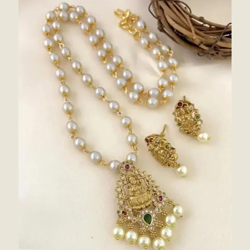 Silver Chain Necklaces-Sai Fashion Gold Plated Pota Stone Temple Long Necklace Set