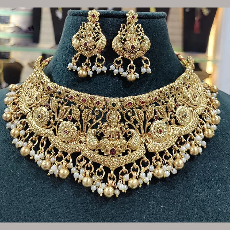 Layered Gold Necklaces-Manisha Jewellery Gold Plated Pota Stone And Pearls Temple Choker Necklace Set