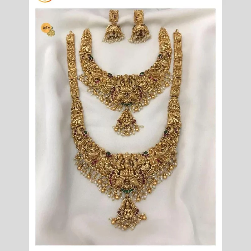 Long Pendant Necklaces-Manisha Jewellery Gold Plated Pota Stone Temple Double Necklace Set