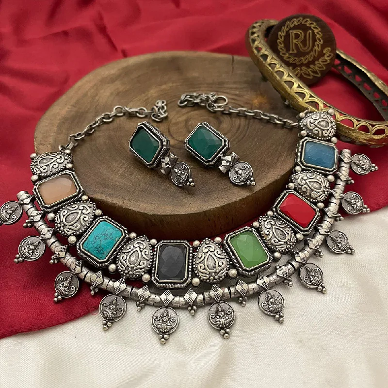 Antique Style Necklaces-FS Collection Oxidised Plated Crystal Stone Temple Necklace Set