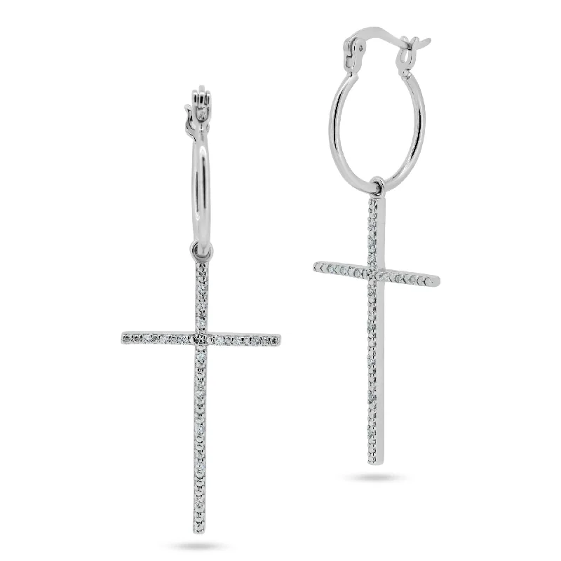 Trendy Gold Earrings-Rhodium Plated 925 Sterling Silver Cross CZ Dangling hoop Earring - STE01357